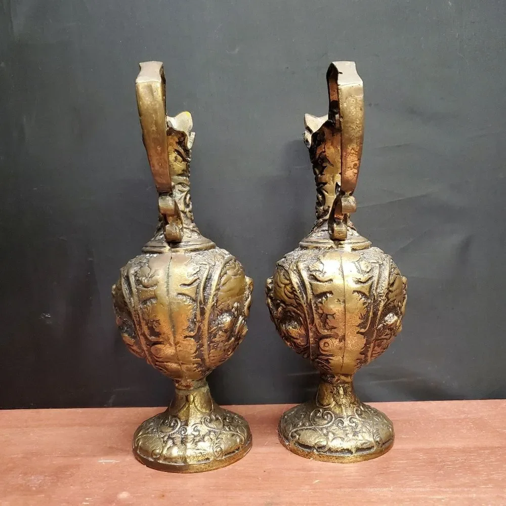 Antique Ornate Victorian Brass Cherub Ewer Pitcher Pair